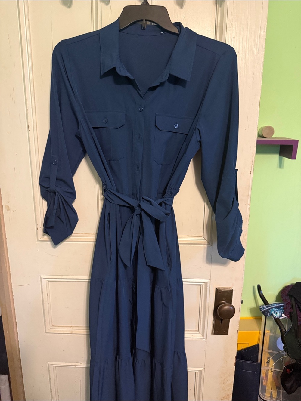 Calvin Klein Navy Blue Long-Sleeve Tie-Waist Maxi Dress